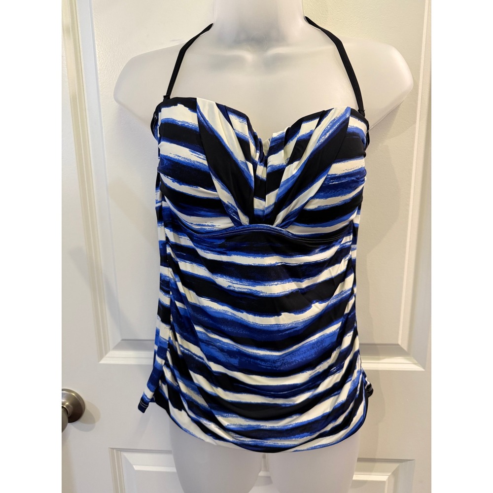 Skye Womens Blue Striped Halter Tankini Top Ruched Sweethead L Nautical Swim‎